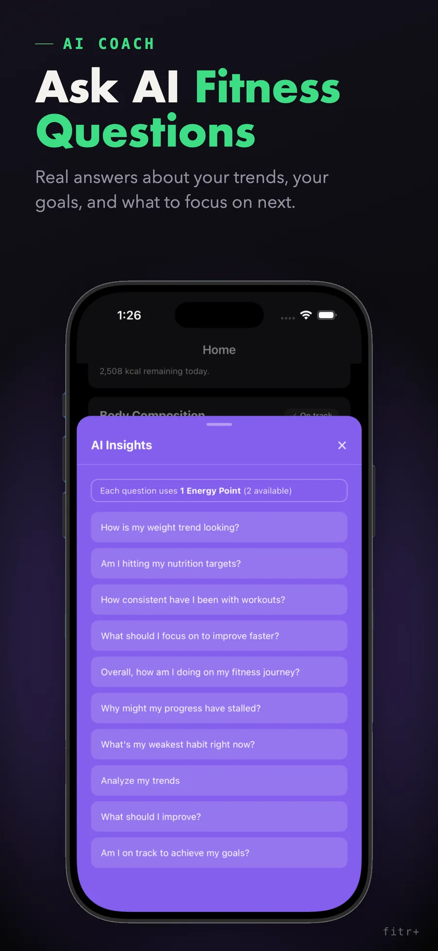 fitr+ AI Coach chat screen