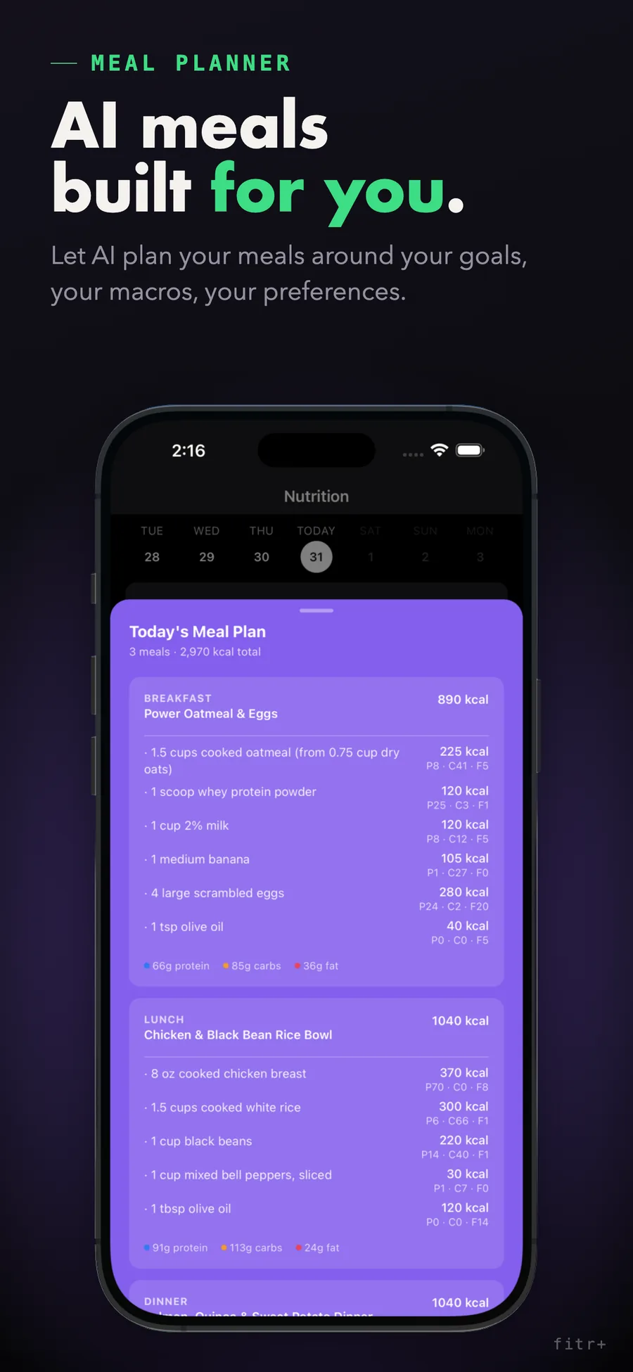 fitr+ AI-built meal plan with meals, macros, and calories