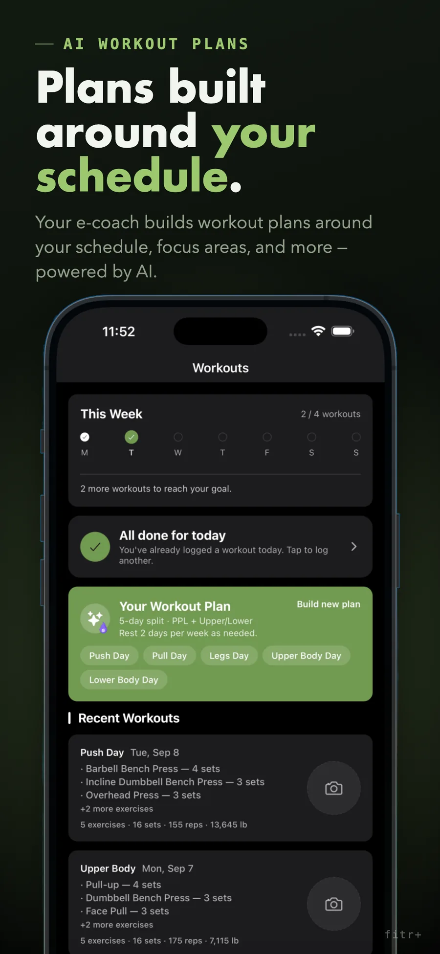 fitr+ workouts screen with an AI-built workout plan