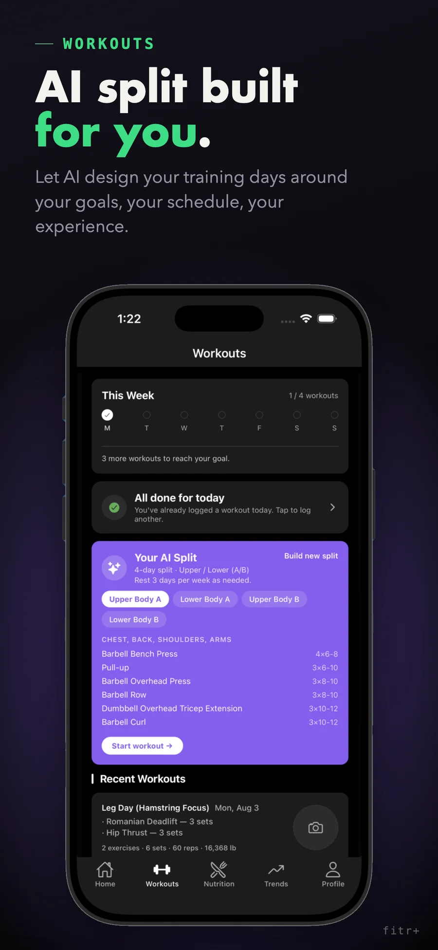 fitr+ workouts screen with an AI-built training split