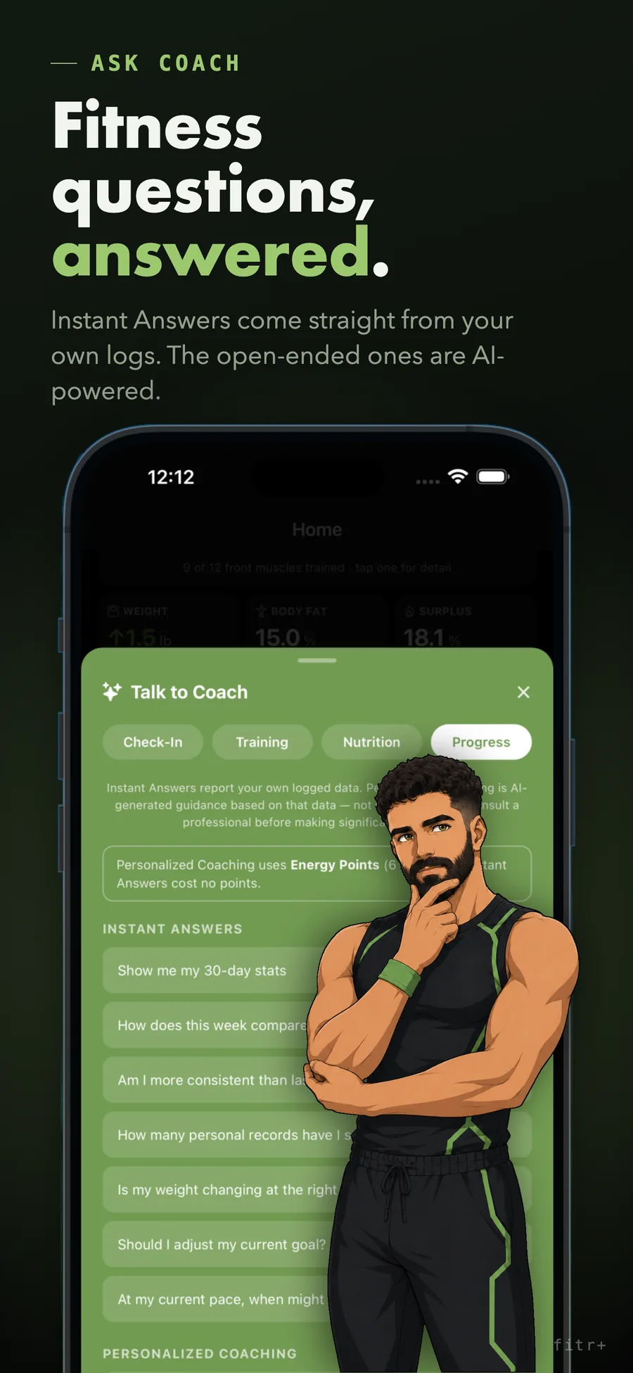 fitr+ Talk to Coach screen listing instant and AI-powered questions
