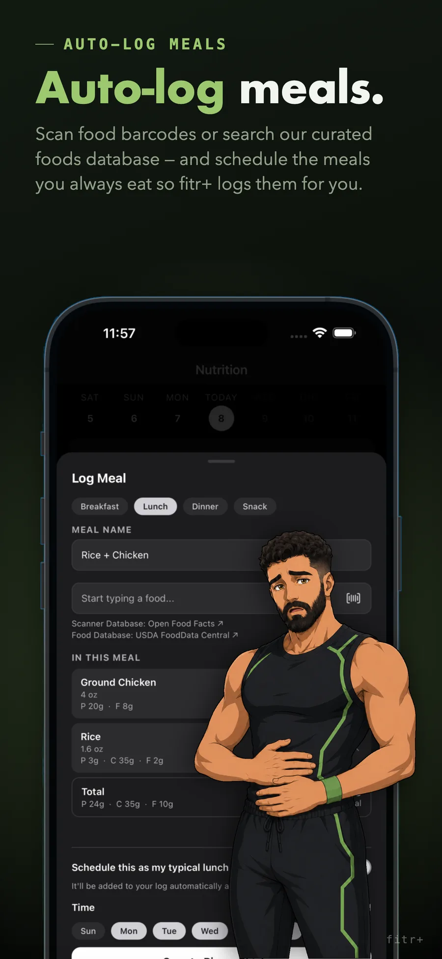 fitr+ logging a meal and scheduling it as a typical lunch