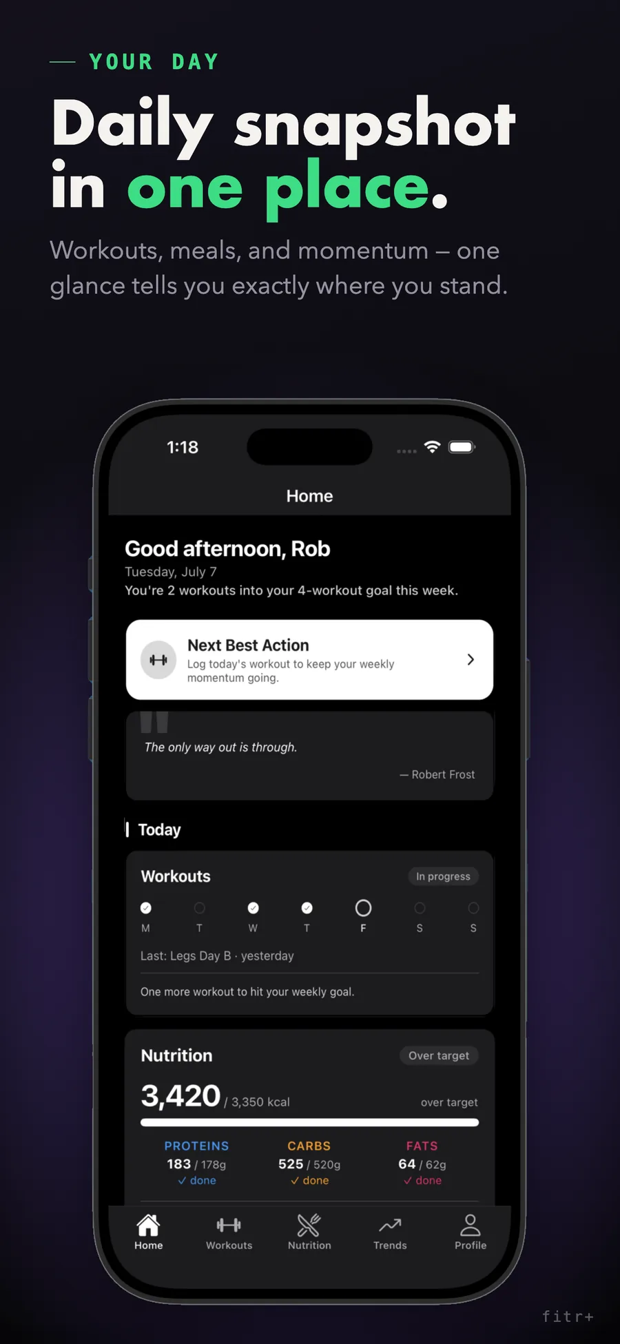 fitr+ home screen showing today's workout, nutrition, and body summary