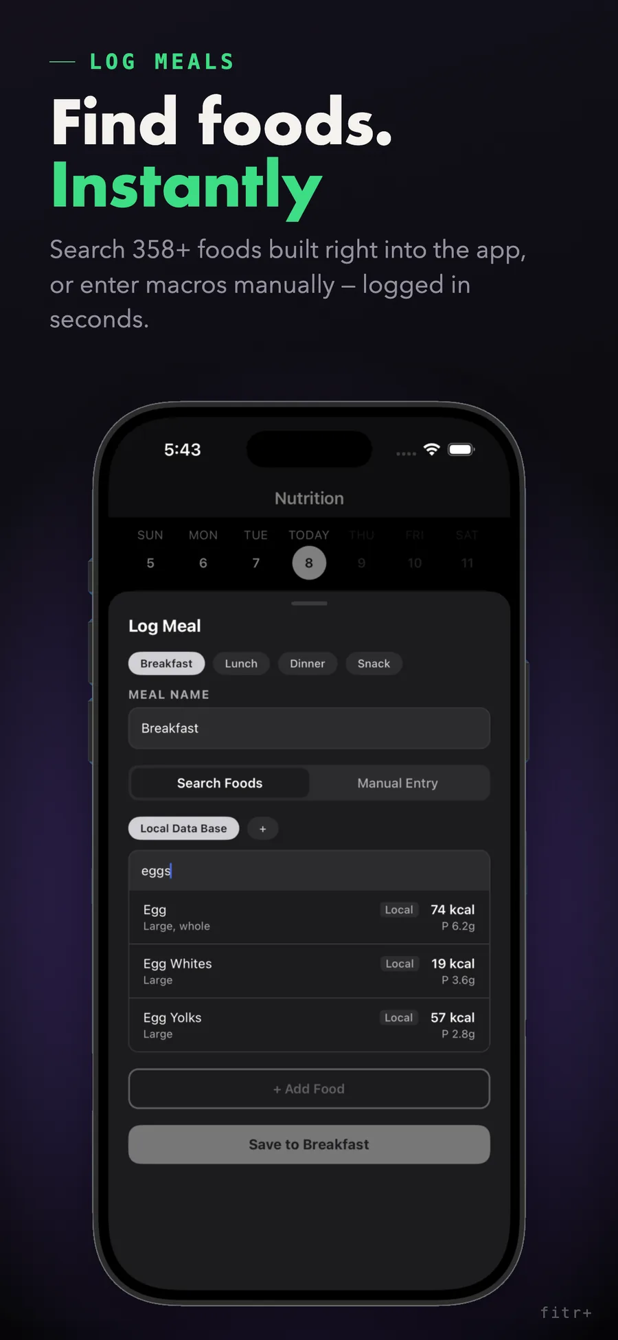 fitr+ food search screen while logging a meal