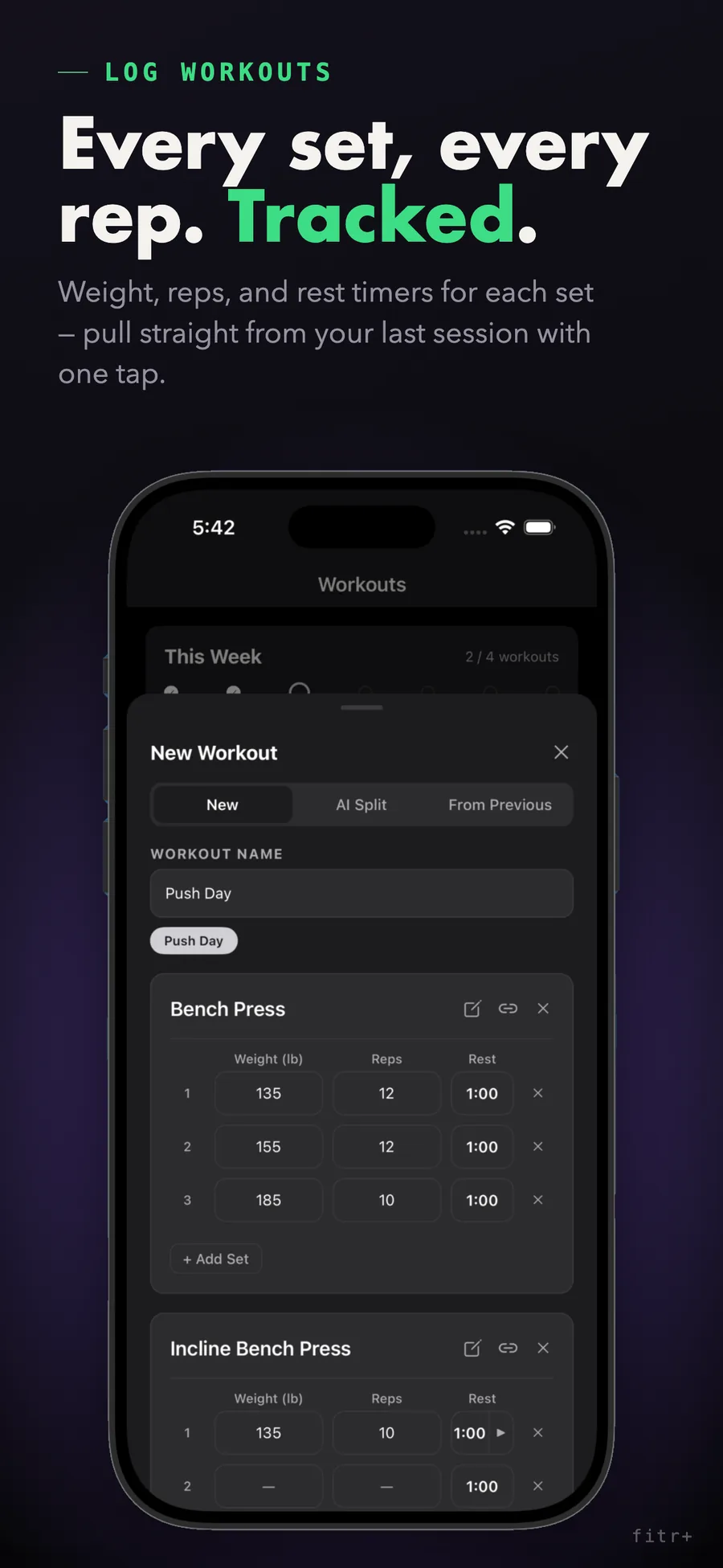 fitr+ screen logging sets, reps, and rest for a workout