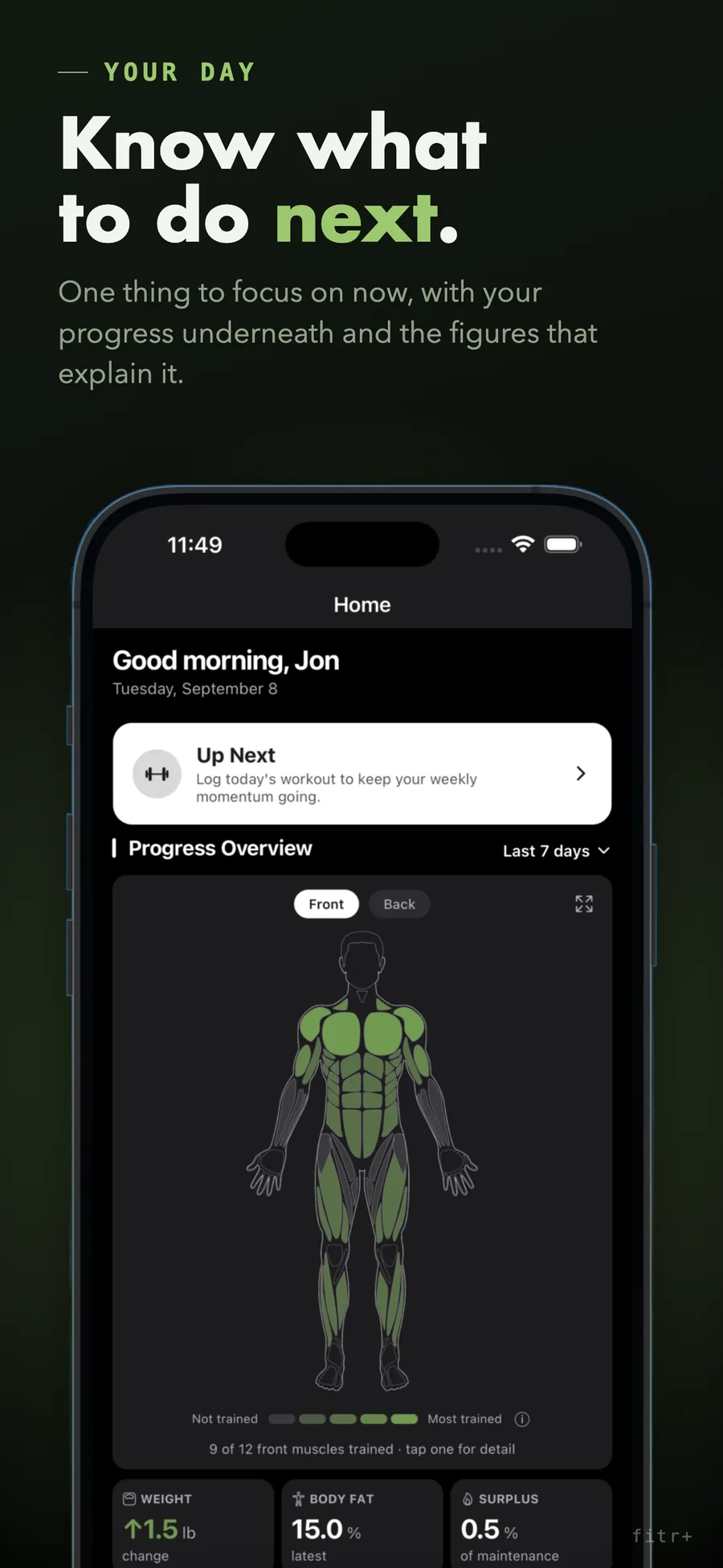 fitr+ home screen showing what to do next above the body map